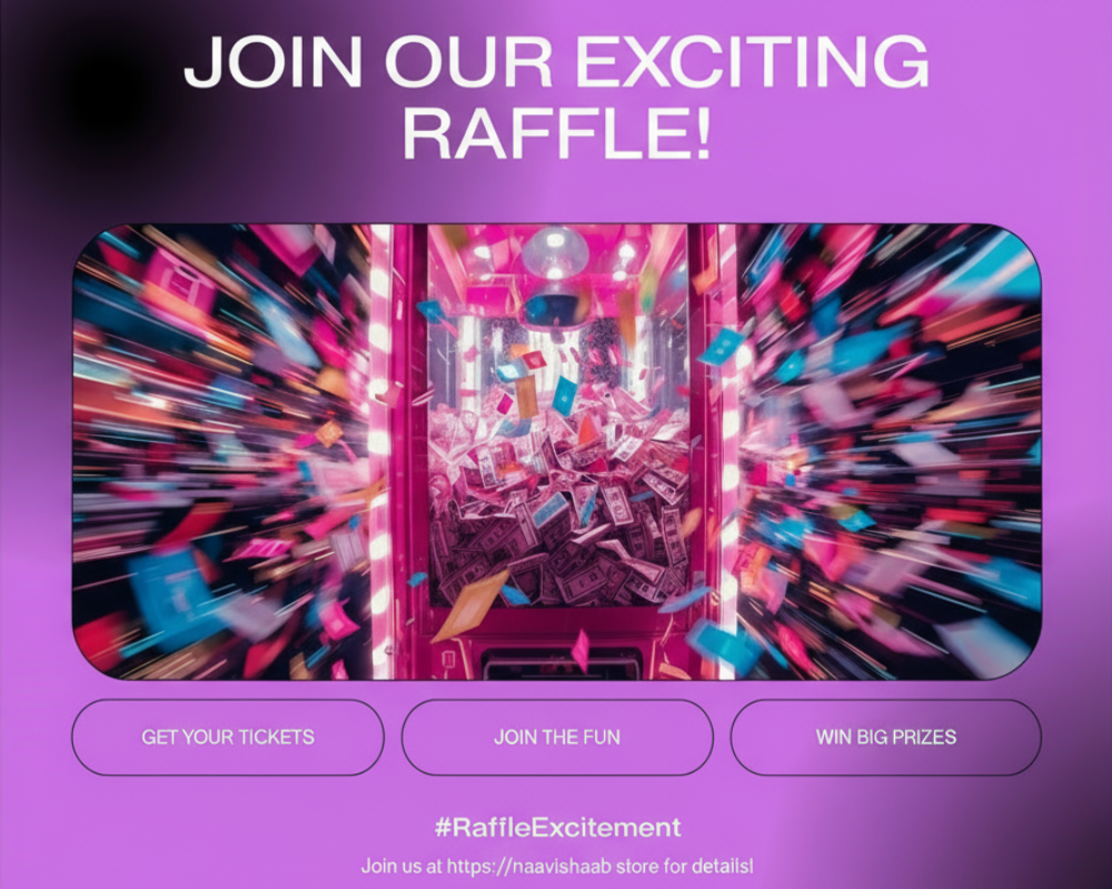 Promotional graphic for an exciting raffle with a vibrant purple background and dynamic abstract design.